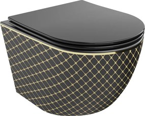 Mexen Lena vaso wc Rimless con sedile a chiusura rallentata slim, duroplast, nero opaco/oro motivo a griglia - 30224079