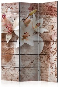 Paravento Ricordi Romantici (3 parti) - fiori e scritte su legno