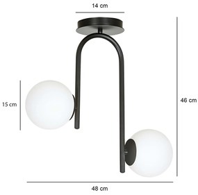 Lampadario 2 Luci Rama In Acciaio Nero A Bracci E Sfere In Vetro Opalino