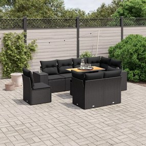 Set divani da giardino 9 pz con cuscini nero in polyrattan