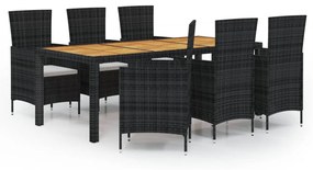 Set da Pranzo da Giardino 7 pz con Cuscini in Polyrattan Nero