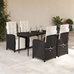 Set da pranzo da giardino 5 pz nero con cuscini in polyrattan