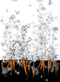 Edmond Petit Carta da parati Lièvres/Fenouil/Tournesol - Noir Orange - Fenouil Sauvage Droit - Noir Orange Doré