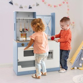 Costway Cucina giocattolo per bambini con tende fornelli lavandino e distributore d'acqua, Set da cucina giocattolo Blu e bianco