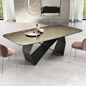 Tavolo fisso 210 cm KARL con base metallo Nero e piano vetro martellato Bronzo