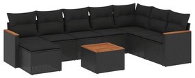 Set Divani da Giardino 9 pz con Cuscini Nero in Polyrattan