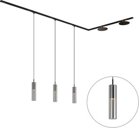 Sistema di illuminazione a binario moderno nero con 3 luci a sospensione e 2 plafoniere monofase - Iconic Lloyd Pulley
