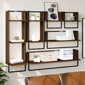 Set mensole parete con aste 6pz rovere marrone in multistrato
