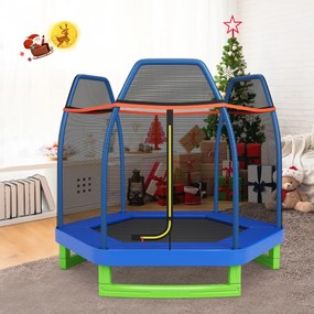 Costway Tappeto elastico 223 cm con rete di sicurezza e cuscinetto a molle, Mini tappeto elastico per bambini Blu