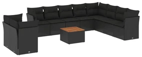 Set divani da giardino 11 pz con cuscini in polyrattan nero