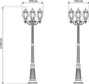 Lampione Storico con 3 Lanterne 215cm E27 IP54 Verde Anticato - Serie BELLINI