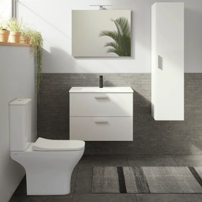 Mobile Bagno Sospeso 80 Cm Due Cassetti Specchio Con Lampada Led 78,5x62 Cm Vitra "Mia" Bianco Lucido