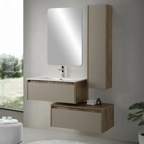Mobile bagno sospeso 80 cm in legno tabacco e tortora con 2 cassetti, lavabo e specchio Smok