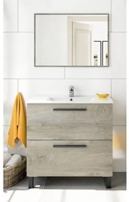 Mobile Bagno 80 Cm 2 Cassetti Con Lavabo In Ceramica Specchio E Colonna Athena Rovere Alaska