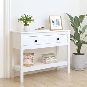 Tavolo Consolle Bianco 100x35x75 Cm İn Legno Massello Di Pino /