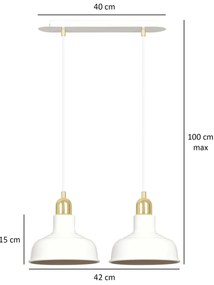 Lampadario Industrial 2 Luci Kubera In Acciaio Bianco Con Elementi In Oro