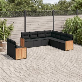 Set divani da giardino 9 pz con cuscini nero in polyrattan