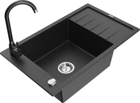 Mexen Elias lavello in granito 1-vasca con sgocciolatoio e rubinetto da cucina Telma, nero/argento - 6511-73-670200-70