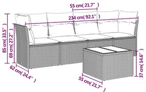 Set divano da giardino 5pz con cuscini grigio chiaro polyrattan