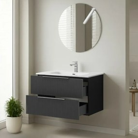 Mobile bagno sospeso 80 cm grigio cannettato e profili neri con lavabo e specchio tondo Zena