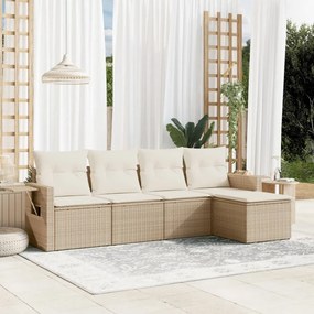 Set Divano da Giardino 5 pz con Cuscini Beige in Polyrattan