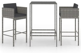 Set Bar da Giardino 3 pz con Cuscini in Polyrattan Grigio