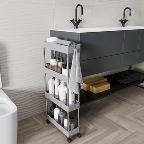 Carrello Portaoggetti A 4 Ripiani Mobile Salvaspazio In Plastica Con Ruote Struttura In Acciaio Per Spazi Ridotti Cucina Bagno Lavanderia Camera Da Letto Salotto Studio 40 x 13 x 85 Cm (Grigio)