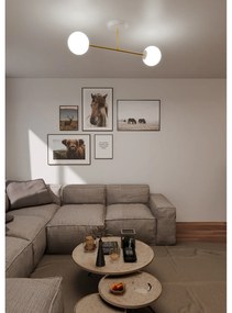 Plafoniera Moderna Magnium 2 Luci In Acciao Oro E Sfere In Vetro Bianco