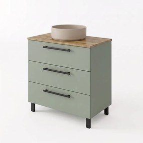 Base Remix 3 cassetti, L80 X P45 X H57.7 cm verde mela, con piedini e lavabo da appoggio Studio SENSEA tondo in ceramica beige satinato piletta inclusa