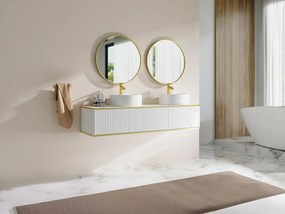 Mobile bagno sospeso con scanalature con profilo dorato 2 cassetti con doppio lavabo d'appoggio quadrato - Bianco - 150 cm - KELIZA