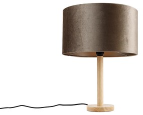 Tafellamp hout met velours kap taupe 35cm - Mels