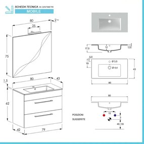 Mobile bagno sospeso 80 cm Smart olmo con lavabo e specchio