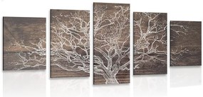 Quadri 5 pezzi – Corona dell'albero su sfondo di legno