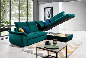 Divano angolare verde allungabile/con contenitore (con penisola a destra/a L) e rivestimento in velluto Loreto – ELTAP