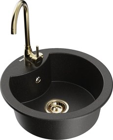 Mexen Diego lavello da cucina in granito a 1 vasca con rubinetto Telma, nero/oro - 6512-75-670200-50