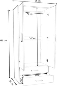 Armadio in legno con 2 ante 2 cassetti e appendiabiti interno Noce