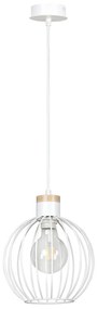 Sospensione 1 Luce Morgana Paralume A Gabbia In Acciaio Bianco E Legno Naturale