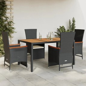 Set da pranzo da giardino 5 pz nero con cuscini in polyrattan