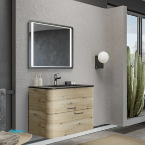 Mobile Bagno Sospeso "Geos" Da 80 Cm Composto Da Due Cassetti Lavabo E Specchio Finitura Nero Opaco/Rovere Oro