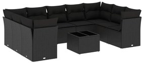 Set divani da giardino 10pz con cuscini in polyrattan nero