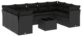 Set divani da giardino 10pz con cuscini in polyrattan nero