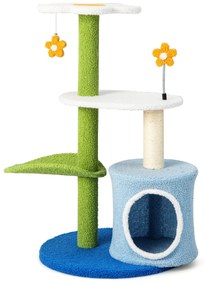 Costway Albero per gatti a forma di fiore con tira graffi in sisal trespolo a forma di foglia, Centro attività gatti Blu