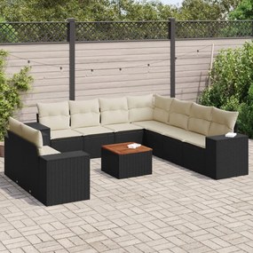 Set divani da giardino 10pz con cuscini in polyrattan nero