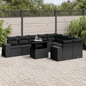 Set divani da giardino 10pz con cuscini in polyrattan nero