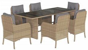 Set da pranzo da giardino 7 pz con cuscini beige in polyrattan