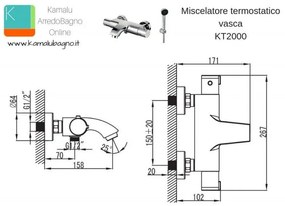 Kamalu - miscelatore termostatico vasca con doccetta e supporto muro kt2000