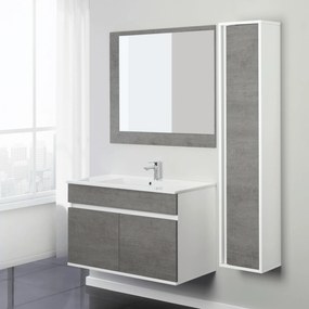 Mobile Bagno Sospeso 90 Cm Due Ante Specchio Su Pannello 90x80 Cm Feridras "Fabula" Cemento/Bianco