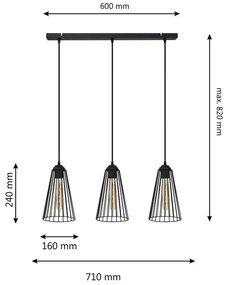 Lampadario a sospensione con filo TORRI 3xE27/15W/230V nero