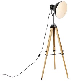 Lampada da terra a treppiede industriale nera con legno - Mangoes