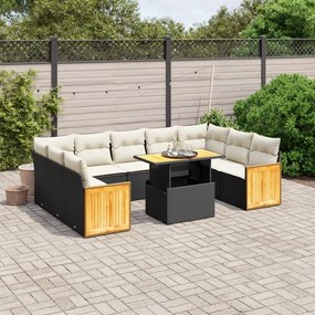 Set divani da giardino 10pz con cuscini in polyrattan nero